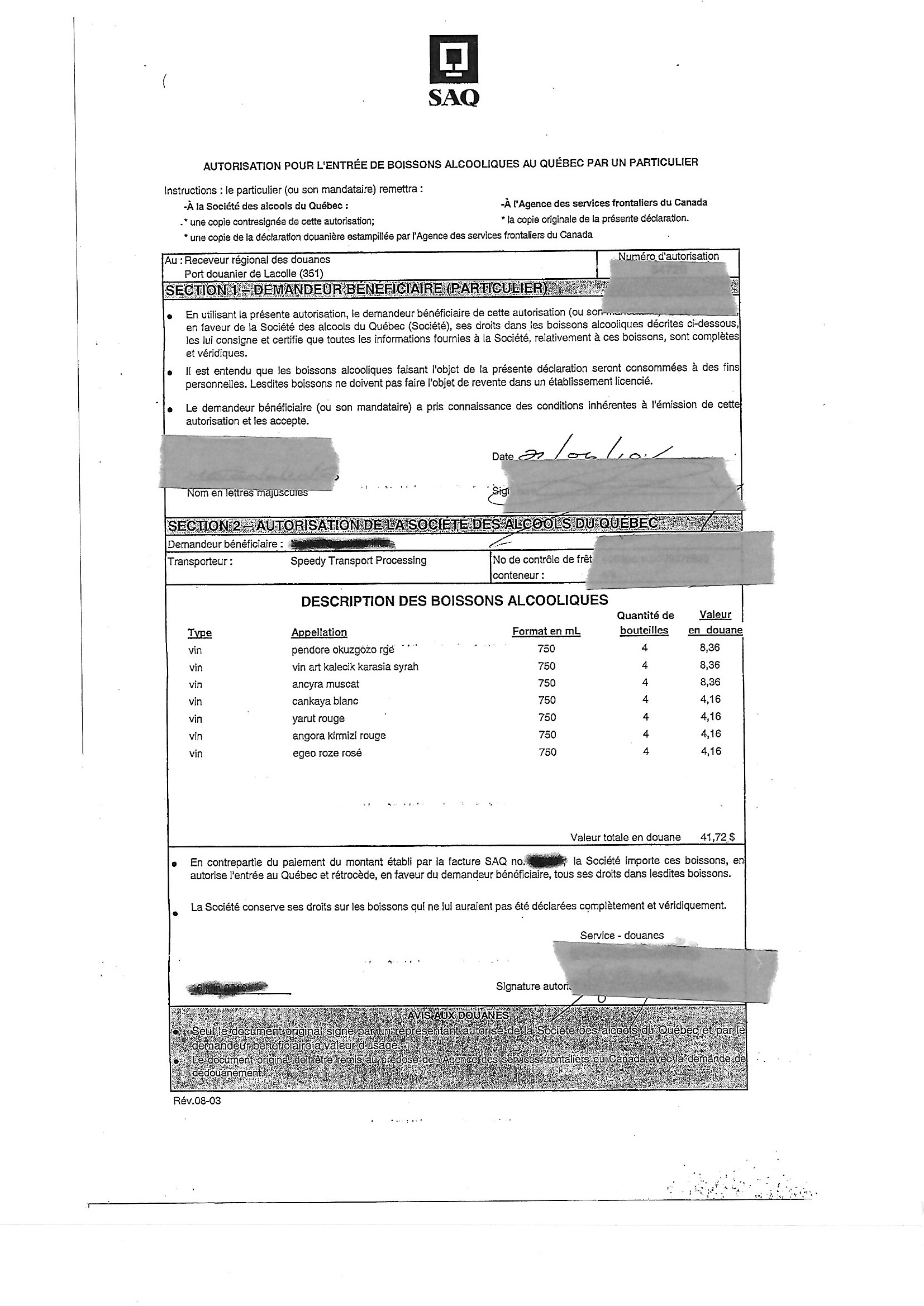 SAQ import permit - Border Bee